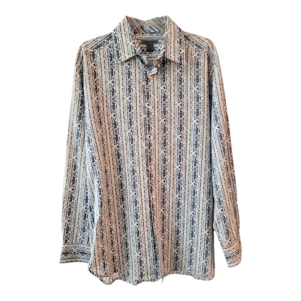 Johnston & Murphy Men's Patterned Tailored Fit Shirt - Blue, White, Tan- Size L
